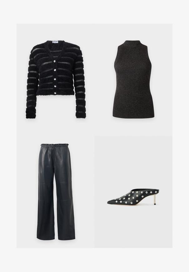 Cardigan noir duveteux à rayures horizontales transparentes, manches longues, col en V, et cinq boutons blancs sur le devant, portant l'étiquette Moschino.; CLOSED SLEEVELESS - Débardeur - black; Pantalons large en simili cuir noir avec une taille élastique, présentant une texture lisse et des coutures soignées.; STAND STUDIO KELSEY - Mules à talons - black