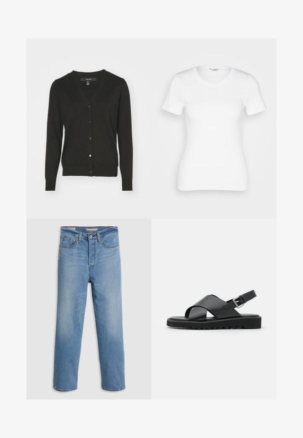 Sort cardigan med V-udskæring, lange ærmer og gyldne knaplukninger. Materialet ser blødt ud med en glat tekstur.; Hvid bomulds T-shirt med korte ærmer, rund halsudskæring og ribbet tekstur. Tætsiddende design med en glat, ren finish.; Lysblå lige ben denimbukser med forlommer, bæltestropper og en knaplukning på en ensfarvet baggrund.; Sorte lædersandaler med et korsremdesign, justerbar spænde og en tekstureret sål med riller for bedre greb.