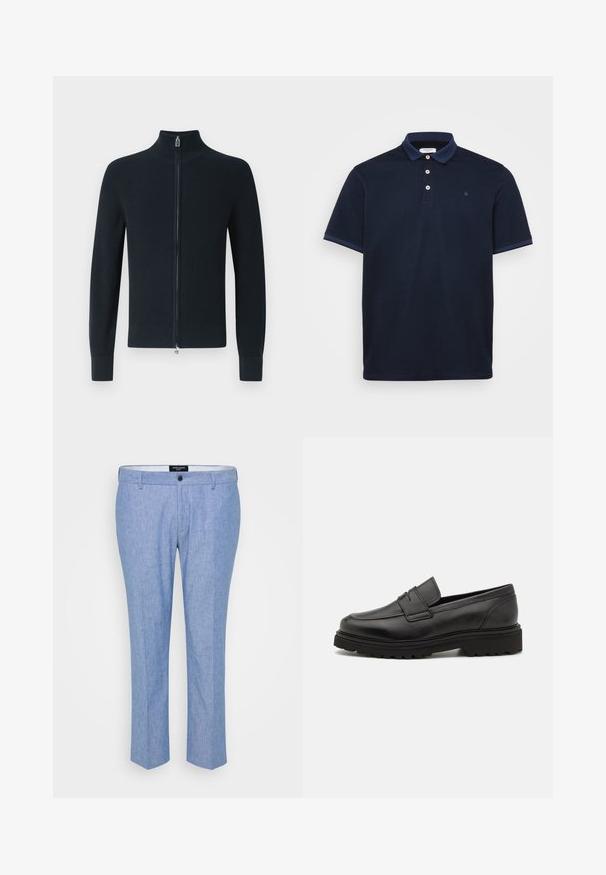 Ribstrikket mørkeblå trøje med lynlås og høj krave, lange ærmer og sølvfarvet lynlåsdetalje foran. Blød strikket tekstur.; Marineblå polo shirt lavet af blødt stof, med klassisk krave, tre-knap lukning og kontraststribede detaljer på ærmerne.; Lyseblå bukser lavet af tekstureret stof, med lige snit, bæltestropper og en enkelt lukning foran med knap.; Sort læder loafersko med rund tå, syningsdetaljer og en tyk, struktureret sål. Har et elegant, minimalistisk design.