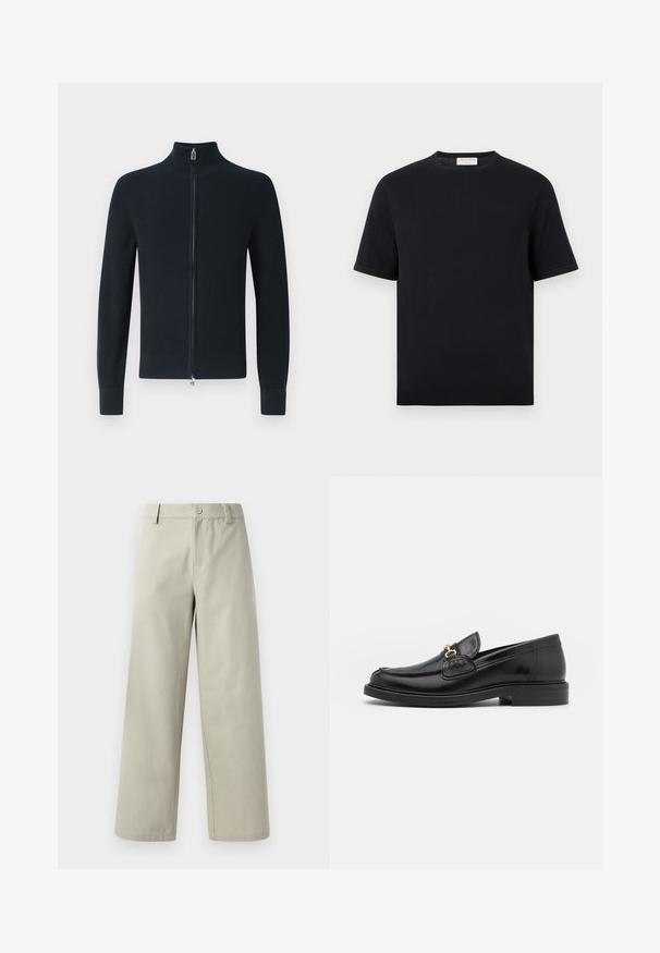 Ribstrikket mørkeblå trøje med lynlås og høj krave, lange ærmer og sølvfarvet lynlåsdetalje foran. Blød strikket tekstur.; Sort kortærmet t-shirt med rund hals og ribbet kant forneden og på ærmerne, ensfarvet design, vist mod en hvid baggrund.; Han Kjøbenhavn WIDE LEG - Bukser - light grey; Sorte læder loafers med en rund tå, der har guld hardware accent og syningsdetaljer, placeret på en lav, tekstureret gummisål.