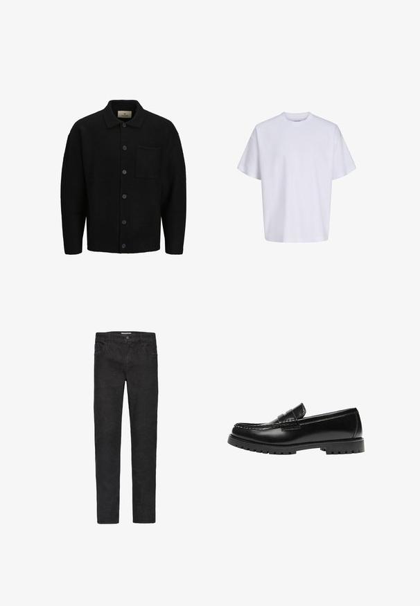 Sort strikket cardigan med krave, foran knaplukning, struktureret stof og en enkelt påsyet lomme på venstre side.; Simpel hvid oversized t-shirt med korte ærmer, rund hals og løs pasform mod en hvid baggrund.; Sorte denim jeans med lige ben. Funktioner inkluderer fem lommer, knaplukning og diskrete syninger langs sømmene.; Sort læderloafer med en kraftig gummisål og klassiske penny-strap detaljer, vist fra ydersiden.