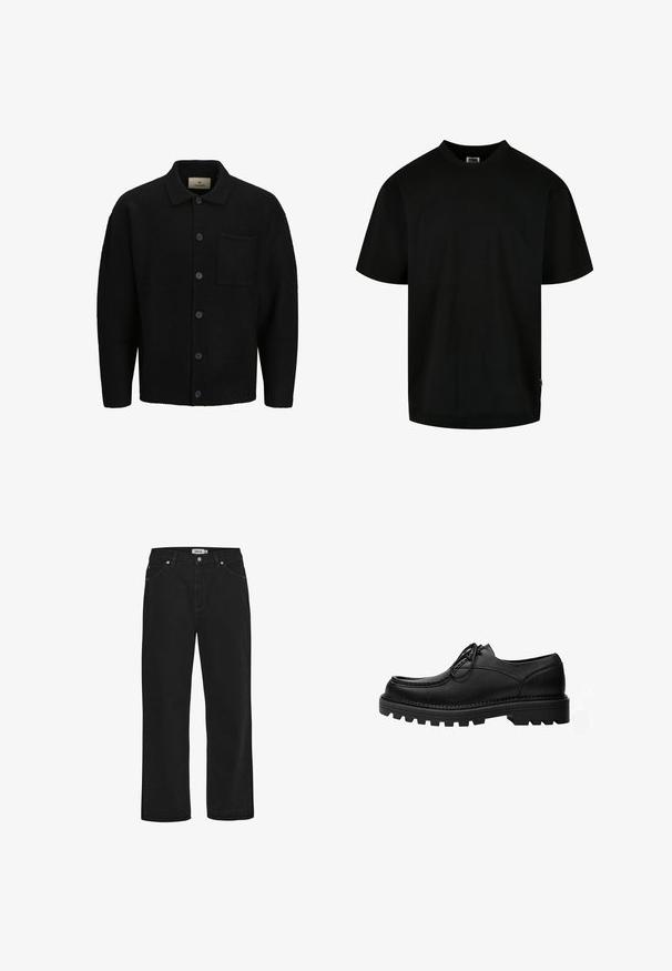 Schwarze gestrickte Strickjacke mit einem Kragenhals, vorderer Knopfverschluss, strukturiertem Stoff und einer einzelnen aufgesetzten Tasche auf der linken Seite.; Schwarzes T-Shirt aus Baumwolle, mit Rundhalsausschnitt und kurzen Ärmeln in lockerer Passform. Einfaches Design, ohne Muster oder Grafiken.; Schwarze Jeans aus Denim mit geradem Schnitt, Fünf-Taschen-Design, Kupferhardware-Akzenten und einem robusten Bund. Glatte Textur, schlichte Stil.; Schwarzer Leder-Schnürschuh mit dicker, robuster Sohle und detaillierter Naht am Obermaterial, entworfen für formelle oder legere Anlässe.
