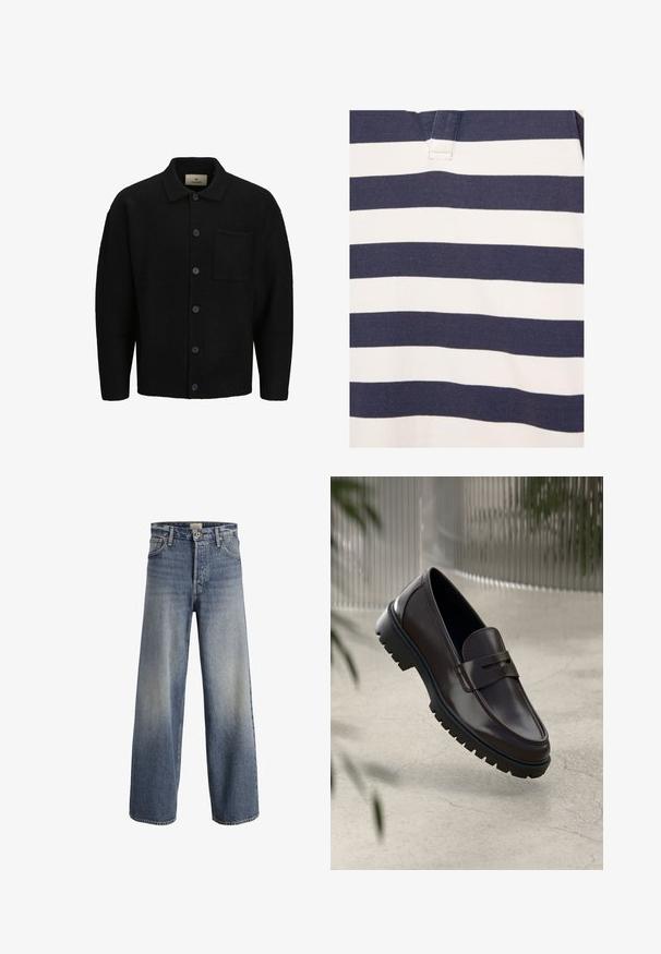 Zwarte gebreide cardigan met een kraaghals, sluiting met knopen aan de voorkant, textuurstof en een enkele paspelzak aan de linkerkant.; Shirt met marineblauwe en witte horizontale strepen met een korte V-hals en gestikte details.; Lichtblauwe wijde denim jeans. Kenmerken zijn een hoge taille, knoopsluiting en subtiele vervaging met een soepele textuur en gestikte naden.; Bruine leren loafers met een getextureerde, geribbelde rubberen zool. Beschikt over een slank ontwerp en een decoratieve band over de wreef.