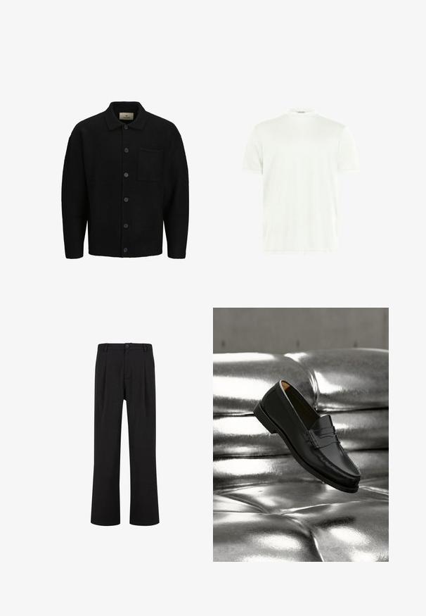 Cardigan en tricot noir avec un col, fermeture à boutons sur le devant, tissu texturé et une poche plaquée sur le côté gauche.; T-shirt blanc à col rond en tissu doux. Manches courtes, sans motifs. Design simple avec un ourlet droit et des détails minimalistes.; Pantalon noir droit pour homme avec passants de ceinture, fermeture à boutons à l’avant et poches latérales, présenté sur fond blanc.; Mocassin en cuir noir flottant au-dessus d'un canapé en cuir argenté brillant matelassé à boutons dans un décor minimaliste.
