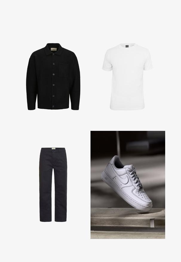 Sort strikket cardigan med krave, foran knaplukning, struktureret stof og en enkelt påsyet lomme på venstre side.; Hvid kortærmet t-shirt, lavet af bomuld, med en klassisk rund hals og en glat tekstur, designet til afslappet brug.; Sorte bomuldsbukser med lige ben-design, der har en frontlukning med knap, bæltestropper og minimal dekoration.; Hvid læder Nike Air Force 1 sneaker med perforeret tå, flade snørebånd og tekstureret gummisål med "AIR" branding på siden.