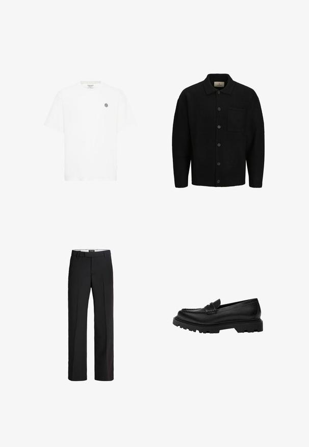Sort strikket cardigan med krave, foran knaplukning, struktureret stof og en enkelt påsyet lomme på venstre side.; Hvid kortærmet t-shirt med rund halsudskæring og et lille gråt geometrisk logo på venstre bryst. Lavet af blødt bomuldsmateriale.; Sorte bukser med skræddersyet pasform; har en glat front, to sidelommer og en glat tekstur; lavet af et let, åndbart materiale.; Sorte læder loafers med en robust, struktureret sål. Har en dekorativ syet kant og en lav hæl for et moderne design.