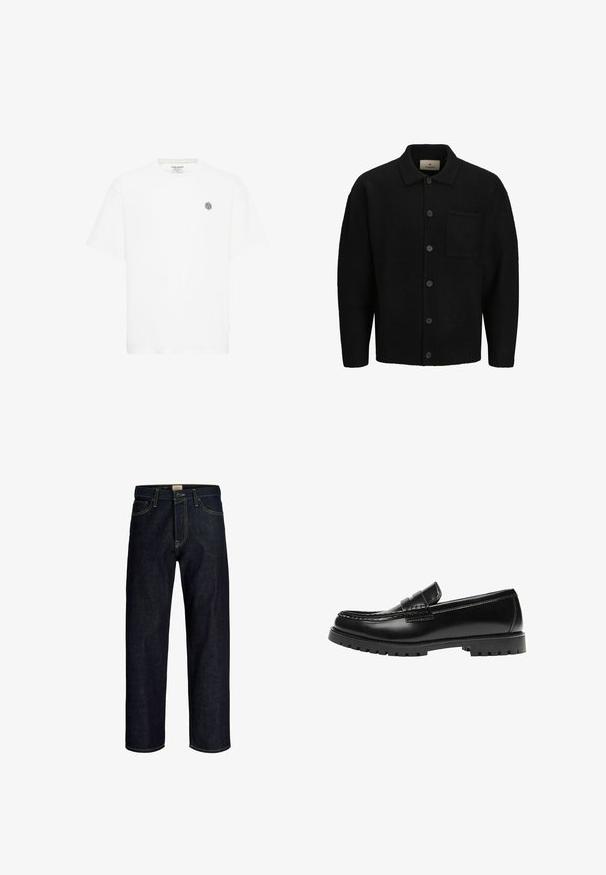Sort strikket cardigan med krave, foran knaplukning, struktureret stof og en enkelt påsyet lomme på venstre side.; Hvid kortærmet t-shirt med rund halsudskæring og et lille gråt geometrisk logo på venstre bryst. Lavet af blødt bomuldsmateriale.; Mørkeblå jeans med lige ben, gul syning, frontknap og lynlås, samt design med fem lommer.; Sort læderloafer med en kraftig gummisål og klassiske penny-strap detaljer, vist fra ydersiden.