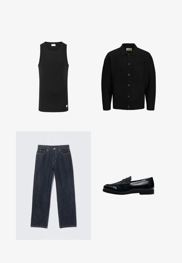 Sort strikket cardigan med krave, foran knaplukning, struktureret stof og en enkelt påsyet lomme på venstre side.; Sort ærmeløs tanktop lavet af ribbet stof, med rund halsudskæring og et lille logo på kanten. Simpel, tætsiddende design.; Mørkeblå denimjeans med en lige pasform, bæltestropper, for- og baglommer samt kontrasterende syninger. Ingen synlige mønstre eller pynt.; Sort herre penny loafer i læder med syninger på mok-toe og lav hæl, vist i sideprofil på hvid baggrund.