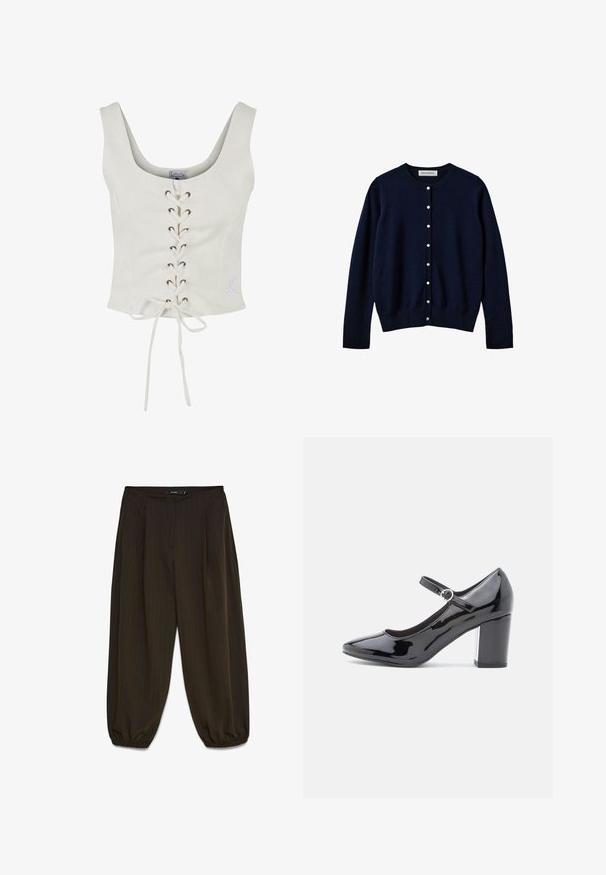 Sofie Schnoor Cardigan - navy; Hvid cropped top med brede stropper, snøring foran med brune øskner og bundet taljedetalje. Blødt stof med et minimalistisk design.; Mørkebrune vidbenede bukser med nålestriber, elastiske manchetter og skjult lukning foran.; Sorte patenterede læder højhælede sko med rund tå, ankelrem og blok hæl. Skinnende overflade med en glat tekstur.