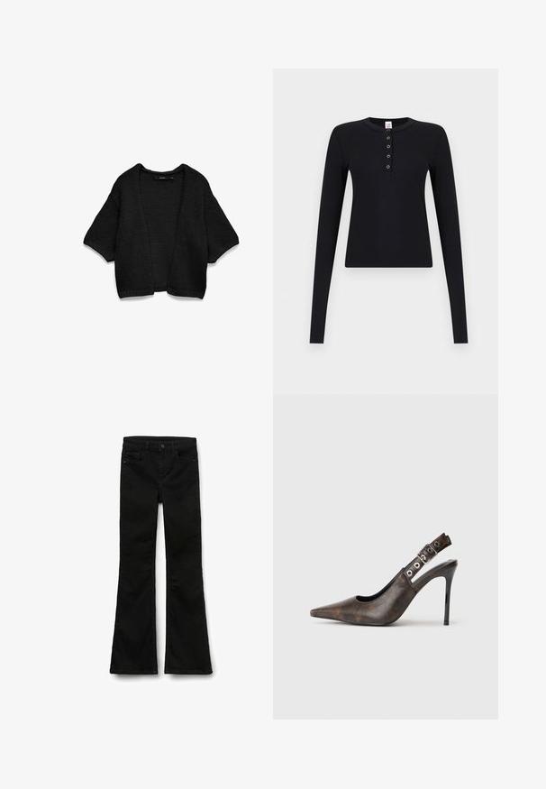 Cárdigan negro de punto con abertura en el frente, mangas cortas y anchas y corte holgado.; Camiseta henley negra de manga larga con textura acanalada, cinco botones a presión plateados en la tapeta frontal y cuello redondo.; Vaqueros acampanados negros de denim con una textura suave, que cuentan con una cinturilla con cierre de botón y bolsillos estándar.; Zapato de tacón alto de piel marrón con punta afilada y tira trasera ajustable con hebilla, y tacón de aguja negro, sobre fondo plain.