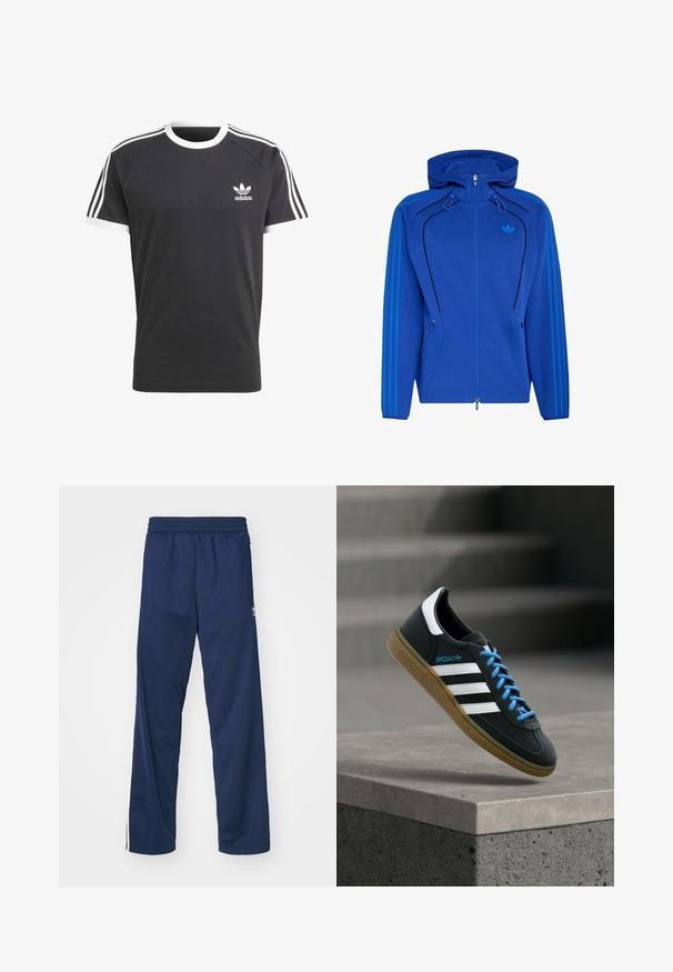 Sudadera con capucha azul con cremallera, con el logo trefoil de Adidas, tres franjas azul claro en las mangas, detalle de ribete negro curvado y cordones ajustables en la capucha.; Camiseta negra con cuello y ribetes de las mangas en blanco, que presenta tres franjas horizontales blancas en cada hombro y un pequeño logo de Adidas en blanco.; Pantalones deportivos azul marino con cinturilla elástica, con franjas laterales blancas y un logotipo en el muslo izquierdo.; Zapatilla negra Adidas con franjas blancas, cordones azules y suela de goma flotando sobre un escalón de hormigón gris con luz suave.