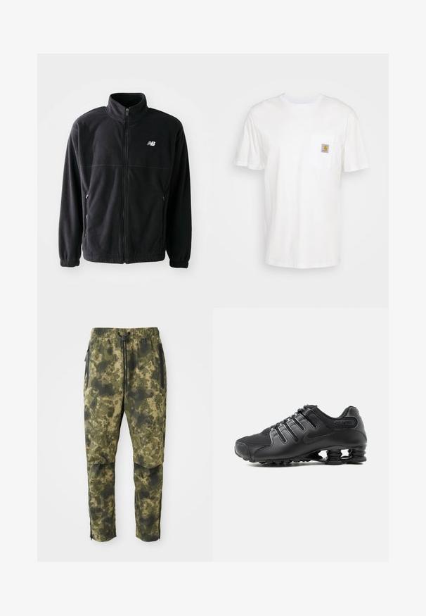 Čierna fleecová bunda so zipsom vpredu, vysokým golierom, s dvoma bočnými vreckami a elastickými rukávmi. Logo New Balance v bielej farbe na hornej ľavej strane.; Biele bavlnené tričko s krátkymi rukávmi, vreckom na hrudi a malou štvorcovou nášivkou v oranžovej a bielej farbe na vrecku.; Kárované nohavice v rôznych odtieňoch zelenej farby s digitálnym vzorom. Vybavené elastickým pásom, šnúrkou na stiahnutie a bočnými vreckami so zipsom.; Čierna športová obuv s textúrovaným zvrškom, šnurovaním a výraznou pružinovou podporou podrážky viditeľnou na bielom pozadí.