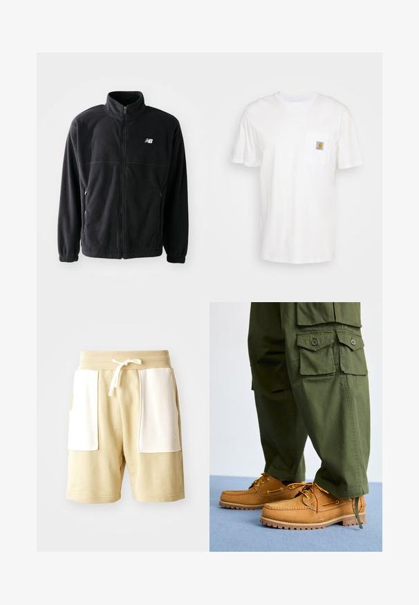 Chaqueta de forro polar negra con cremallera frontal, cuello alto, dos bolsillos laterales y puños elásticos. Logo de New Balance en blanco en la parte superior izquierda.; Camiseta de algodón blanca con mangas cortas, un bolsillo en el pecho y un pequeño parche cuadrado de logo en naranja y blanco en el bolsillo.; Pantalones cortos de algodón beige con una cintura elástica acanalada, bolsillos de acento en blanco, detalle de cordón y un corte relajado. Textura de tela suave.; Timberland AUTHENTIC 3 EYE - Náuticos - wheat
