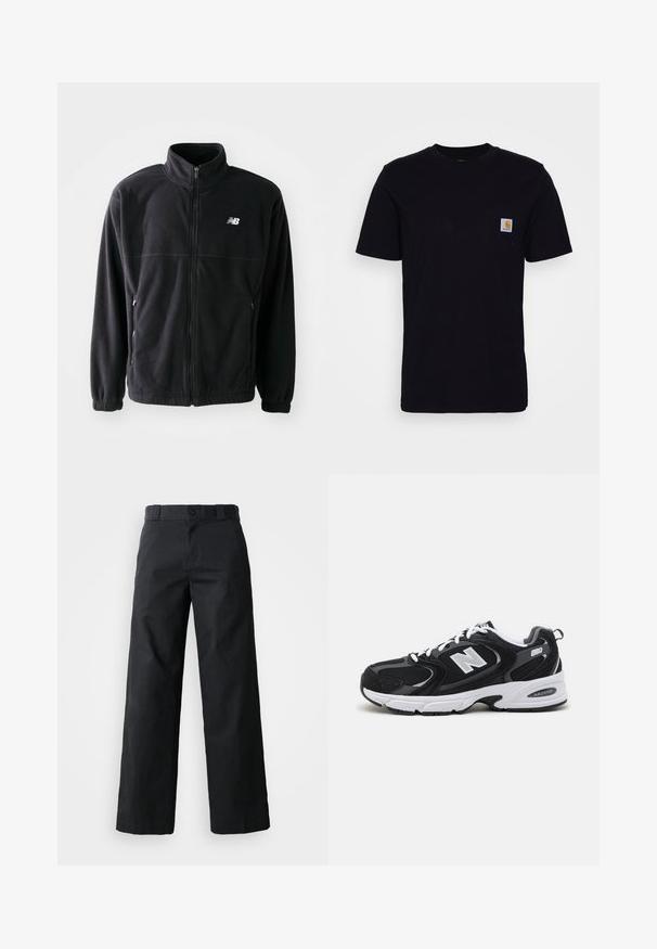 Schwarze Fleecejacke mit Reißverschluss vorne, hohem Kragen, zwei seitlichen Taschen und elastischen Bündchen. New Balance-Logo in Weiß auf der oberen linken Seite.; Schwarzes Baumwoll-T-Shirt mit kurzen Ärmeln, rundem Hals und einer Brusttasche, die mit einem kleinen, quadratischen Logo-Patch versehen ist. Einfaches, einfarbiges Design.; Schwarze weit geschnittene Baumwollhose. Verfügt über einen Knopfverschluss, Gürtelschlaufen und Seitentaschen. Glatte Textur mit tailliertem Schnitt.; Schwarze und graue Sportschuhe mit Obermaterial aus Mesh und Wildleder, ausgestattet mit einer weißen Zwischensohle, Schnürsenkeln und einem markanten "N"-Logo an der Seite.