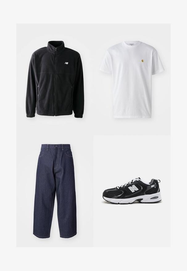 Schwarze Fleecejacke mit Reißverschluss vorne, hohem Kragen, zwei seitlichen Taschen und elastischen Bündchen. New Balance-Logo in Weiß auf der oberen linken Seite.; Weißes Baumwoll-T-Shirt mit kurzen Ärmeln, Rundhalsausschnitt, mit einem kleinen goldenen Logo im linken Brustbereich. Weicher Stoff und normale Passform.; Dunkelblaue Denim-Jeans mit einem lockeren, weiten Schnitt. Zu den Merkmalen gehören ein Knopfverschluss, Fronttaschen und sichtbare Nähte.; Schwarze und graue Sportschuhe mit Obermaterial aus Mesh und Wildleder, ausgestattet mit einer weißen Zwischensohle, Schnürsenkeln und einem markanten "N"-Logo an der Seite.