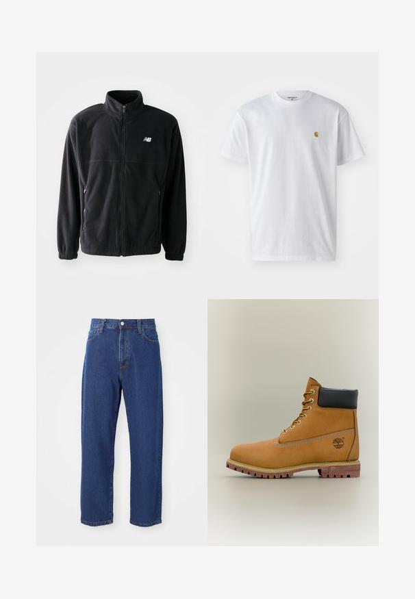 Sort fleecejakke med lynlås foran, høj krave, to sidelommer og elastiske manchetter. New Balance-logo i hvidt på den øverste venstre side.; Hvid bomulds t-shirt med korte ærmer, rund hals og et lille guld logo på venstre brystområde. Blød tekstur og almindelig pasform.; Høj taljede blå jeans i denim, med lige ben silhuet, synlige stikninger og en frontknaplukning.; Brun læderankelstøvle med sort krave, gule snørebånd og tanfarvet sål. Har logo og hvide syninger som detalje. Robust ydersål med greb.