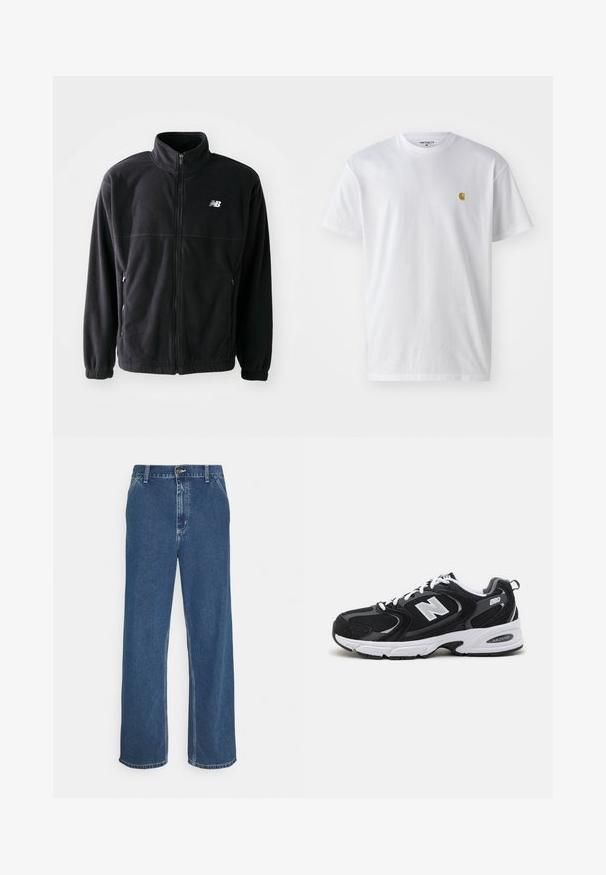 Čierna fleecová bunda so zipsom vpredu, vysokým golierom, s dvoma bočnými vreckami a elastickými rukávmi. Logo New Balance v bielej farbe na hornej ľavej strane.; Biele bavlnené tričko s krátkymi rukávmi, okrúhlym výstrihom, s malým zlatým logom na ľavej strane hrude. Mäkká textúra a normálny strih.; Modré džíny z denimu so rovnými nohavicami, dizajnom so piatimi vreckami, kovovým zapínaním a viditeľným šitím pozdĺž švov a lemu.; Čierne a šedé športové topánky s hornou časťou z mikrovlákna a zamatu, s bielou medzipodrážkou, šnúrkami a výrazným logom "N" na boku.