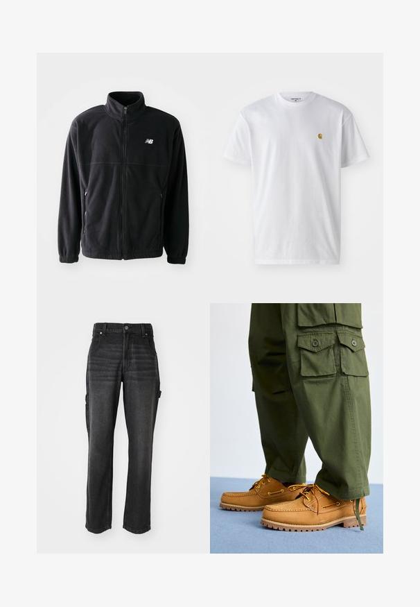 Čierna fleecová bunda so zipsom vpredu, vysokým golierom, s dvoma bočnými vreckami a elastickými rukávmi. Logo New Balance v bielej farbe na hornej ľavej strane.; Biele bavlnené tričko s krátkymi rukávmi, okrúhlym výstrihom, s malým zlatým logom na ľavej strane hrude. Mäkká textúra a normálny strih.; Čierne denímové cargo nohavice so rovnými nohami, s bočnými vreckami, kovovým zapínaním na gombík a tónovaným prešívaním. Textúrovaná látka.; Timberland AUTHENTIC 3 EYE - Jachtárska obuv - wheat