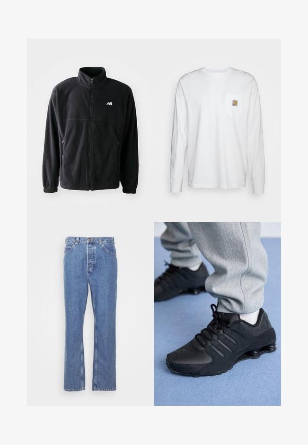 Čierna fleecová bunda so zipsom vpredu, vysokým golierom, s dvoma bočnými vreckami a elastickými rukávmi. Logo New Balance v bielej farbe na hornej ľavej strane.; Biela košeľa s dlhým rukávom vyrobená z bavlny, s náprsné vrecko a štvorcovou nášivkou loga. Jednoduchý dizajn s okrúhlym výstrihom a manžetami.; Modré denimové džínsy s rovnomerným strihom, päťvreckovým dizajnom, pútkami na opasok a zapínaním na gombík. Textília má jemný, textúrovaný povrch.; Osoba v čiernych teniskách Nike Shox a šedých teplákoch stojí na svetlomodrom koberci.