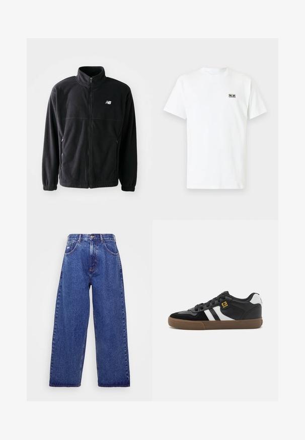 Sort fleecejakke med lynlås foran, høj krave, to sidelommer og elastiske manchetter. New Balance-logo i hvidt på den øverste venstre side.; Hvid bomulds T-shirt med korte ærmer, rund halsudskæring og et lille logo i sort og olivengrøn på venstre brystområde.; Bredde ben, blå denim jeans med høj talje, der har fem lommer, knaplukning og subtile blødgøringer for tekstur.; Sorte og hvide sneakers med overdel i ruskind og læder, der har hvide striber, sorte snørebånd og en brun gummisål. Guld logo detaljer.