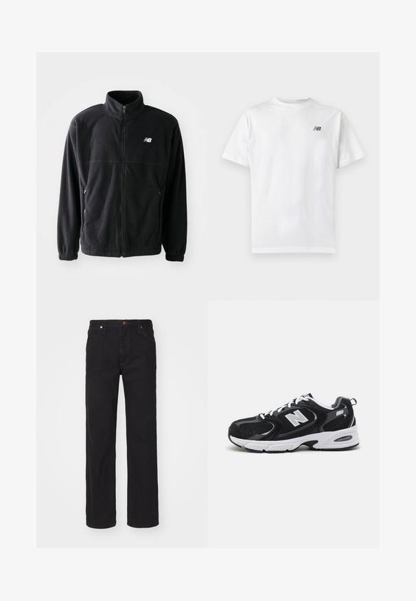 Zwarte fleecejack met een ritssluiting aan de voorkant, hoge kraag, twee zijzakken en elastische manchetten. New Balance-logo in het wit op de bovenste linkerzijde.; Witte T-shirt met korte mouwen en ronde hals met een klein zwart New Balance-logo op de linker bovenkant van de borst op een effen lichte achtergrond.; Zwarte rechte spijkerbroek met voorzakken, riemlussen en een knoopsluiting op een effen achtergrond.; Zwarte en grijze sport schoenen met een bovenwerk van mesh en suede, voorzien van een witte tussenzool, veters en een gedurfde "N"-logo aan de zijkant.