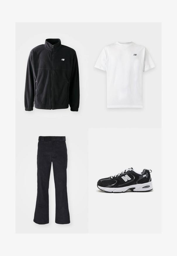 Veste en polaire noire avec fermeture éclair à l'avant, col haut, deux poches latérales et poignets élastiques. Logo New Balance en blanc sur le côté supérieur gauche.; T-shirt blanc à manches courtes et col rond avec un petit logo noir New Balance sur la partie supérieure gauche de la poitrine, sur un fond clair uni.; Pantalons en velours côtelé noir à coupe décontractée, dotés d'une taille classique et de jambes évasées, avec une texture douce et sans motifs ni accents visibles.; Baskets de sport noires et grises avec un tige en mesh et en suède, présentant une semelle intermédiaire blanche, des lacets et un logo "N" audacieux sur le côté.