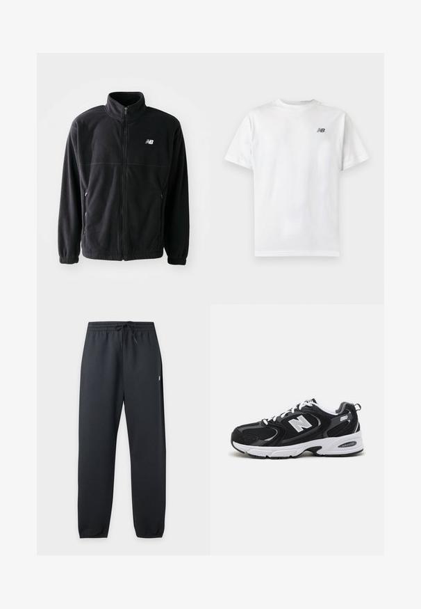 Zwarte fleecejack met een ritssluiting aan de voorkant, hoge kraag, twee zijzakken en elastische manchetten. New Balance-logo in het wit op de bovenste linkerzijde.; Witte T-shirt met korte mouwen en ronde hals met een klein zwart New Balance-logo op de linker bovenkant van de borst op een effen lichte achtergrond.; Zwarte sweatpants met elastische taille en aantrekkoord en met boordjes bij de enkels, getoond tegen een effen lichte achtergrond.; Zwarte en grijze sport schoenen met een bovenwerk van mesh en suede, voorzien van een witte tussenzool, veters en een gedurfde "N"-logo aan de zijkant.