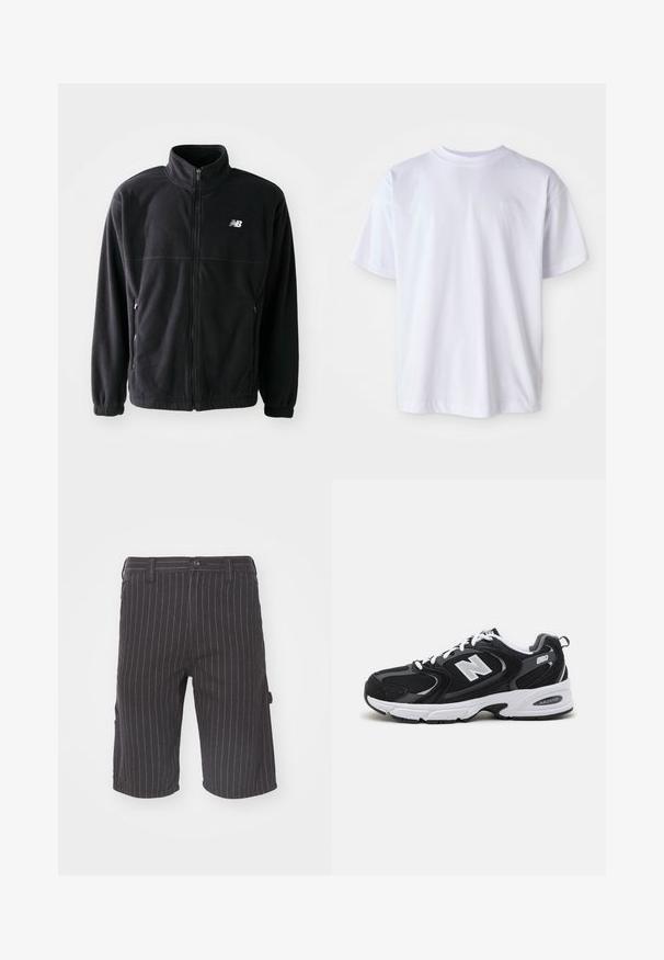 Veste en polaire noire avec fermeture éclair à l'avant, col haut, deux poches latérales et poignets élastiques. Logo New Balance en blanc sur le côté supérieur gauche.; T-shirt en coton blanc avec un col rond et des manches courtes. Présente un logo subtil brodé de la même couleur sur la poitrine gauche.; Shorts noirs à rayures avec une coupe droite, dotés d'une fermeture à bouton et de poches latérales, fabriqués en tissu en mélange de coton texturé.; Baskets de sport noires et grises avec un tige en mesh et en suède, présentant une semelle intermédiaire blanche, des lacets et un logo "N" audacieux sur le côté.