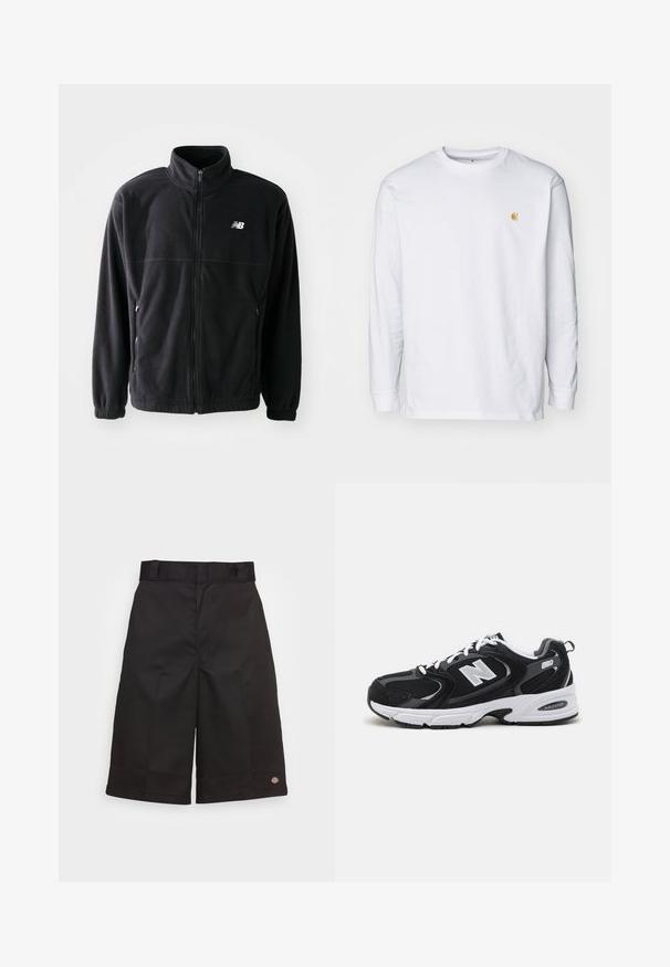 Zwarte fleecejack met een ritssluiting aan de voorkant, hoge kraag, twee zijzakken en elastische manchetten. New Balance-logo in het wit op de bovenste linkerzijde.; Witte lange mouwen t-shirt van katoen. Voorzien van een klein gouden logo op de borst en een ronde hals. Eenvoudig ontwerp en standaard pasvorm.; Zwarte katoenen shorts met een rechte snit, knielengte, voorzien van een zichtbaar merklogo op de zoom en een gladde textuur.; Zwarte en grijze sport schoenen met een bovenwerk van mesh en suede, voorzien van een witte tussenzool, veters en een gedurfde "N"-logo aan de zijkant.