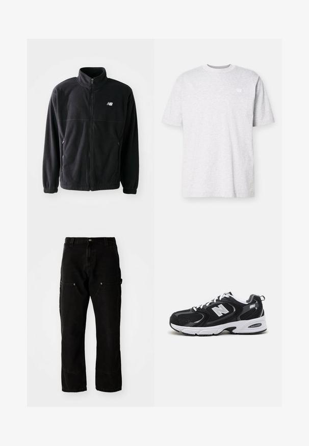 Veste en polaire noire avec fermeture éclair à l'avant, col haut, deux poches latérales et poignets élastiques. Logo New Balance en blanc sur le côté supérieur gauche.; T-shirt en coton gris clair avec des manches courtes, col rond et un petit logo blanc sur la poitrine gauche. Texture douce, coupe décontractée.; Pantalons cargo en denim noir avec une coupe décontractée, comportant deux poches avant, des poches latérales et des détails de couture visibles.; Baskets de sport noires et grises avec un tige en mesh et en suède, présentant une semelle intermédiaire blanche, des lacets et un logo "N" audacieux sur le côté.