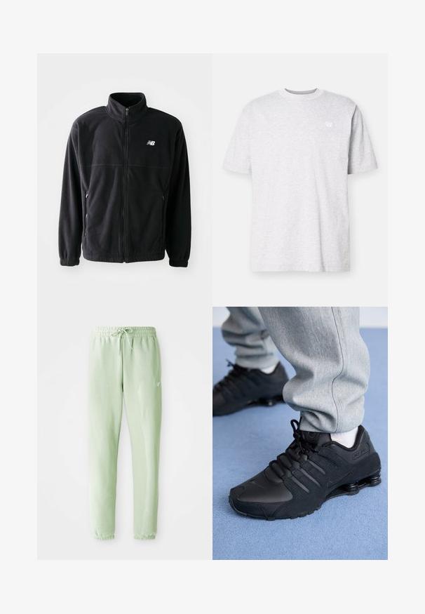 Sort fleecejakke med lynlås foran, høj krave, to sidelommer og elastiske manchetter. New Balance-logo i hvidt på den øverste venstre side.; Lys grå bomulds t-shirt med korte ærmer, rund halsudskæring og et lille hvidt logo på venstre bryst. Blød tekstur, afslappet pasform.; Lys grønne sweatpants lavet af blødt bomuld, med elastisk talje med snøre og tapered ben, afsluttet med samlede manchetter.; Person iført sorte Nike Shox sneakers og grå joggingbukser, der står på lyseblåt tæppe.