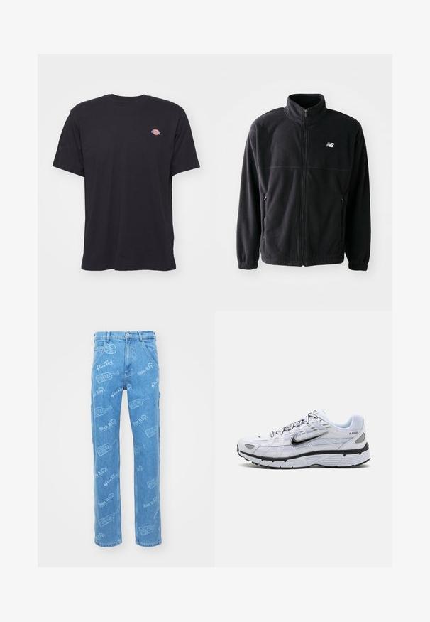 Sort fleecejakke med lynlås foran, høj krave, to sidelommer og elastiske manchetter. New Balance-logo i hvidt på den øverste venstre side.; Sort kortærmet t-shirt med rund hals og et lille farverigt Dickies-logo på venstre bryst mod en ensfarvet baggrund.; Lyseblå denim jeans med et heltrykt mønster med teksten "Stan Ray" og flasketyper. Lige ben-design, fem lommer og knaplukning.; Hvide løbesko med mesh-overdel, rund tå, sorte accenter og mønstret sål. Har snøring og branding på siden.