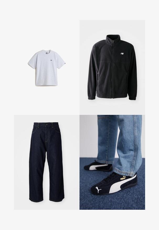 Zwarte fleecejack met een ritssluiting aan de voorkant, hoge kraag, twee zijzakken en elastische manchetten. New Balance-logo in het wit op de bovenste linkerzijde.; Lichtgrijs T-shirt met korte mouwen, gemaakt van katoen, met een klein zwart logo op de borst en een ronde halslijn. Eenvoudig ontwerp, geen patronen.; Donkerblauwe denim broek met een comfortabele pasvorm, voorzien van een knoopsluiting, riemlussen en gele stiksels op de zakken en naden.; Zwarte suède sneakers met witte accenten, voorzien van een gouden logo. Gemaakt met lichtblauwe spijkerbroek en geplaatst op een textuur blauwe ondergrond.