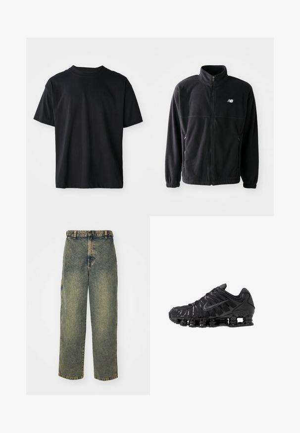 Schwarze Fleecejacke mit Reißverschluss vorne, hohem Kragen, zwei seitlichen Taschen und elastischen Bündchen. New Balance-Logo in Weiß auf der oberen linken Seite.; Schwarzes Crew-Neck-T-Shirt aus Baumwolle. Kurze Ärmel, Standardpassform, keine sichtbaren Muster, minimalistisches Design mit subtilen Logodetails.; Baggy-Jeans aus Denim in einer verblassten Blauen und Grünen Waschung. Mit Knopfverschluss, Gürtelschlaufen und Seitentaschen. Flaches Vorderteil und gerades Bein-Design.; Schwarze Sportschuhe aus Mesh- und synthetischen Materialien mit einem markanten wellenförmigen Design, schwarzer Gummisohle und reflektierenden Akzenten.