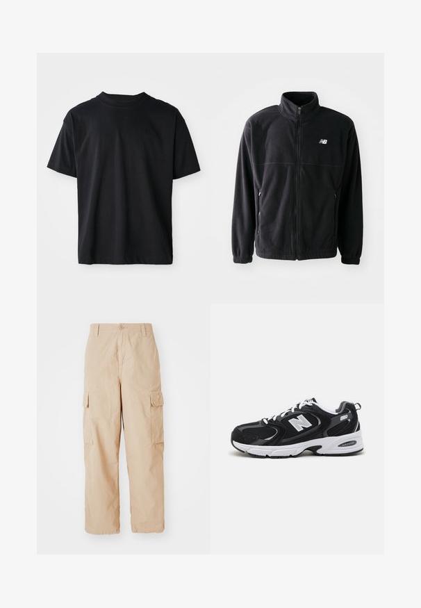 Sort fleecejakke med lynlås foran, høj krave, to sidelommer og elastiske manchetter. New Balance-logo i hvidt på den øverste venstre side.; Sort crew neck T-shirt lavet af bomuld. Korte ærmer, standard pasform, ingen synlige mønstre, minimalistisk design med en diskret logo detalje.; Beige cargo bukser med afslappet pasform, lavet af letvægtsstof, med to sidelommer og en knaplukning i taljen.; Sorte og grå sportssko med mesh og ruskind på overdelen, der har en hvid mellemsål, snørebånd og et iøjnefaldende "N" logo på siden.