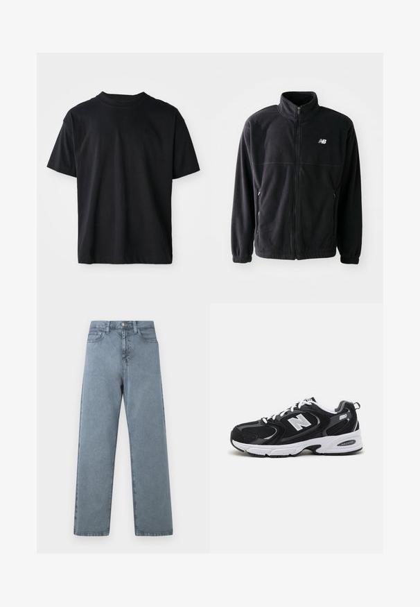 Sort fleecejakke med lynlås foran, høj krave, to sidelommer og elastiske manchetter. New Balance-logo i hvidt på den øverste venstre side.; Sort crew neck T-shirt lavet af bomuld. Korte ærmer, standard pasform, ingen synlige mønstre, minimalistisk design med en diskret logo detalje.; Lysblå denim jeans med lige ben-design, fem lommer, metalknaplukning og en let falmet tekstur.; Sorte og grå sportssko med mesh og ruskind på overdelen, der har en hvid mellemsål, snørebånd og et iøjnefaldende "N" logo på siden.