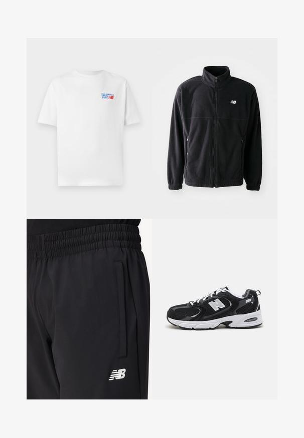 Čierna fleecová bunda so zipsom vpredu, vysokým golierom, s dvoma bočnými vreckami a elastickými rukávmi. Logo New Balance v bielej farbe na hornej ľavej strane.; Biela bavlnená tričko s krátkymi rukávmi, s modro-červeným logom na ľavej hrudi. Klasický výstrih, voľný strih, hladká textúra.; Čierne športové nohavice s elastickým pásom, bočnou vreckom a bielym logom New Balance na stehne.; Čierne a šedé športové topánky s hornou časťou z mikrovlákna a zamatu, s bielou medzipodrážkou, šnúrkami a výrazným logom "N" na boku.