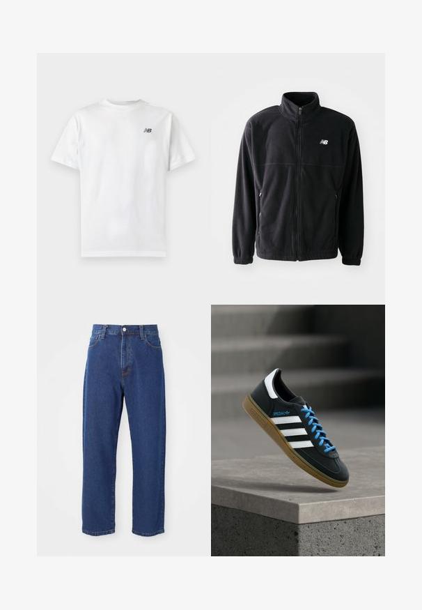 Zwarte fleecejack met een ritssluiting aan de voorkant, hoge kraag, twee zijzakken en elastische manchetten. New Balance-logo in het wit op de bovenste linkerzijde.; Witte T-shirt met korte mouwen en ronde hals met een klein zwart New Balance-logo op de linker bovenkant van de borst op een effen lichte achtergrond.; Hoge taille blauwe jeans van denim, met een rechte pijp silhouet, zichtbare stiksels en een sluiting met een voorknoop.; Zwarte Adidas-sneaker met witte strepen, blauwe veters en een gumzool die boven een grijze betonnen trede zweeft in zacht licht.