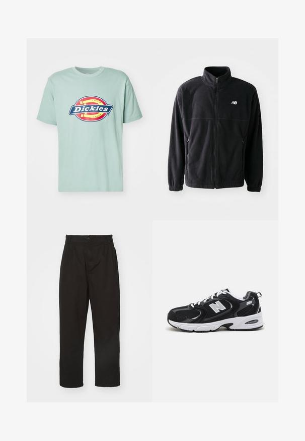 Čierna fleecová bunda so zipsom vpredu, vysokým golierom, s dvoma bočnými vreckami a elastickými rukávmi. Logo New Balance v bielej farbe na hornej ľavej strane.; Svetlozelené bavlnené tričko s krátkymi rukávmi a okrúhlym krkom s červeným a žltým logom, na ktorom je text "Dickies" v bielej farbe.; Čierne nohavice vyrobené z hladkej látky, s gombíkovým zapínaním, rovného strihu a s dvoma prednými záhybmi pre pridanie detailu.; Čierne a šedé športové topánky s hornou časťou z mikrovlákna a zamatu, s bielou medzipodrážkou, šnúrkami a výrazným logom "N" na boku.