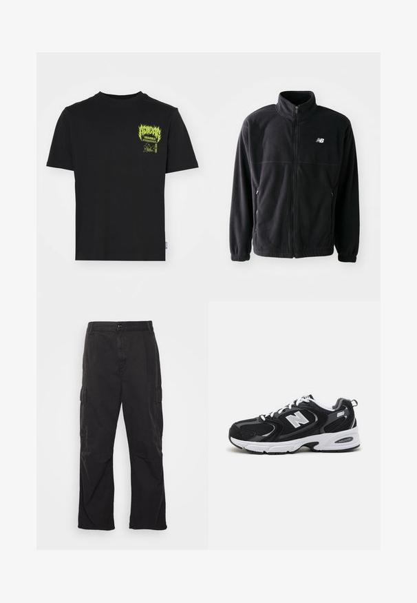 Čierna fleecová bunda so zipsom vpredu, vysokým golierom, s dvoma bočnými vreckami a elastickými rukávmi. Logo New Balance v bielej farbe na hornej ľavej strane.; Čierne bavlnené tričko s neonovo zelenou grafikou a textom na ľavej strane hrudníka, s okrúhlym výstrihom a krátkymi rukávmi.; Čierne cargo nohavice so strihom rovného nohavice, ktoré majú dve bočné vrecká, zapínanie na gombík a textúrovanú tkaninu.; Čierne a šedé športové topánky s hornou časťou z mikrovlákna a zamatu, s bielou medzipodrážkou, šnúrkami a výrazným logom "N" na boku.