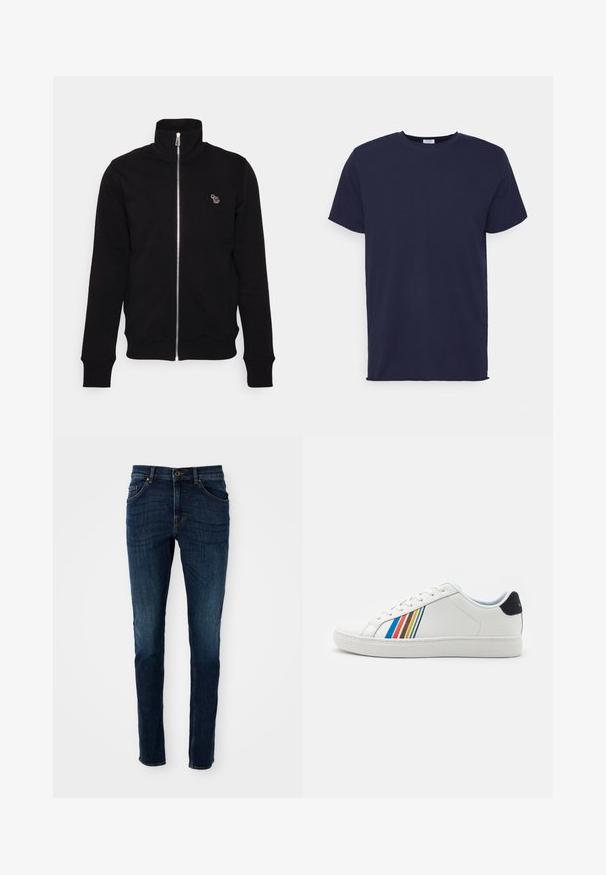 Zwarte zipperjack met een hoge kraag, gemaakt van zacht materiaal. Heeft ribgebreide manchetten en onderrand, en een klein geborduurd detail op de borst.; Navyblauwe T-shirt met korte mouwen van zachte stof. Heeft een ronde hals en een rechte snit zonder patronen of accenten.; Donkerblauwe denim jeans met een slim fit, gestructureerd ontwerp, vijf-pocketstijl en lichte vervagingdetails langs de benen en naden.; Witte leren sneaker met kleurrijke verticale strepen in blauw, rood, oranje en geel aan de zijkant. Heeft een ronde neus en een platte zool.