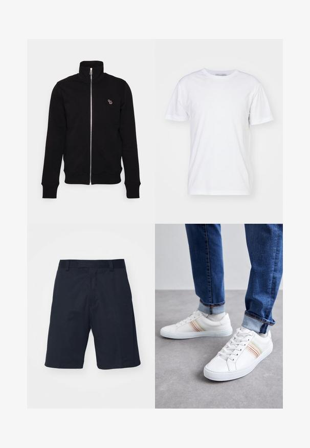 Zwarte zipperjack met een hoge kraag, gemaakt van zacht materiaal. Heeft ribgebreide manchetten en onderrand, en een klein geborduurd detail op de borst.; Witte katoenen T-shirt met een ronde hals, korte mouwen en een rechte snit. Geen patronen of versieringen, gladde textuur en eenvoudig ontwerp.; Zwarte short gemaakt van een gladde stof, met een vlakke voorkant, riemlussen en een knielange snit zonder zichtbare patronen of hardware.; Witte leren sneakers met meerkleurige strepen, vetersluiting, rubberen zool en gevoerd kraagje, gecombineerd met blauwe spijkerbroek.