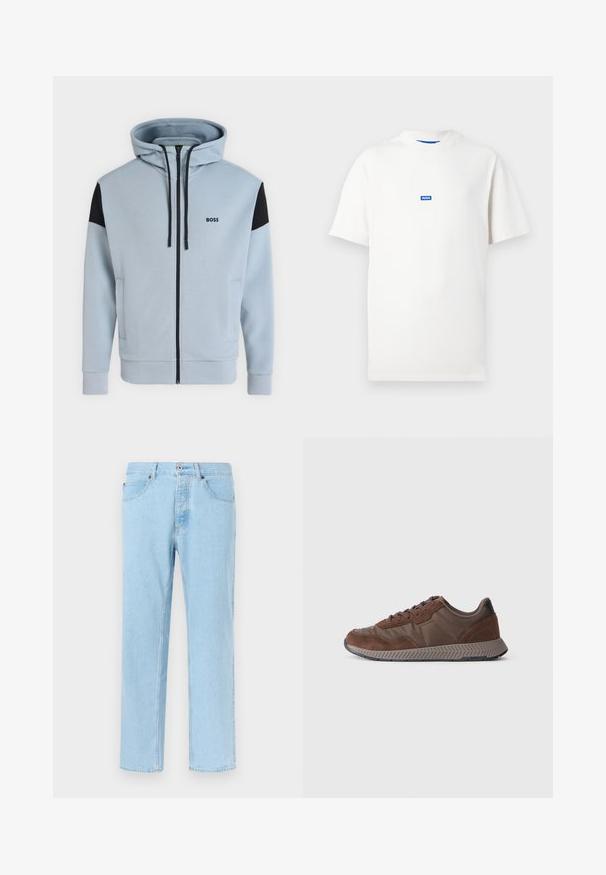 Lichtblauwe hoodie met volledige rits, zwarte schouderstukken, koordjes, zijzakken en het "BOSS"-logo op de linkerborst.; Witte T-shirt met korte mouwen en een klein blauw rechthoekig logo met de tekst "HUGO" centraal op de borst, effen achtergrond.; Lichtblauwe denim jeans met rechte pijpen, sluiting met knopen en ritssluiting aan de voorkant, voorzakken en gordel lussen, afgebeeld tegen een effen achtergrond.; Bruine sneaker met een mix van gladde en suède materialen, ronde neus, gestructureerde rubberen zool en contrasterende zwarte hakaccent.