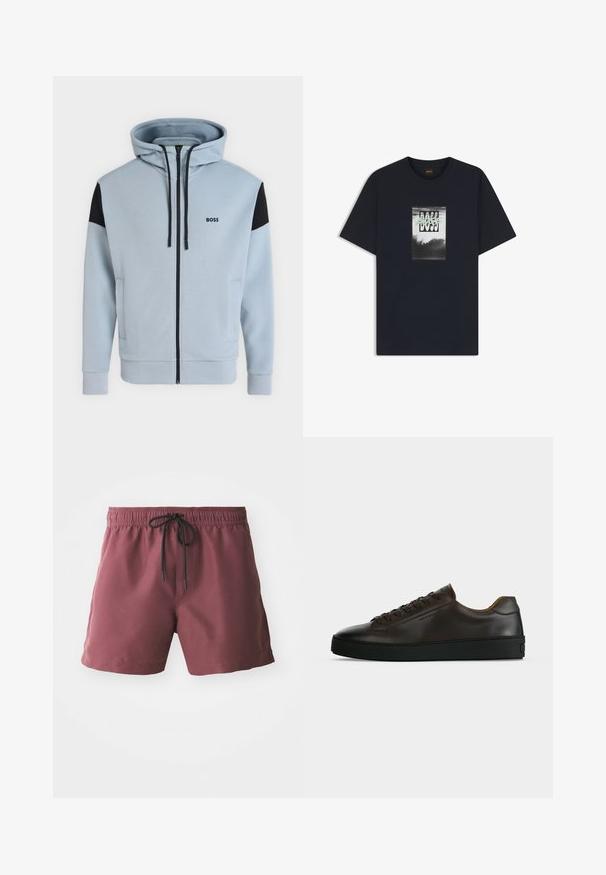 Hellblauer Kapuzenpullover mit durchgehendem Reißverschluss, schwarzen Schulterpatches, Kordelzügen, Seitentaschen und "BOSS"-Logo auf der linken Brust.; Schwarzes T-Shirt mit kurzen Ärmeln und einem rechteckigen Grafikdruck auf der Brust mit dem Wort „BOSS“ vor einem Graustufen-Landschaftshintergrund.; Burgunderfarbene Badeshorts mit elastischem Bund und schwarzem Kordelzug. Verfügt über Seitentaschen und einen glatten, leichten Stoff.; Flach geschnittener dunkelbrauner Ledersneaker mit schwarzer Gummisohle, Schnürung vorne und schlicht-minimalistischem Design auf hellem Hintergrund.
