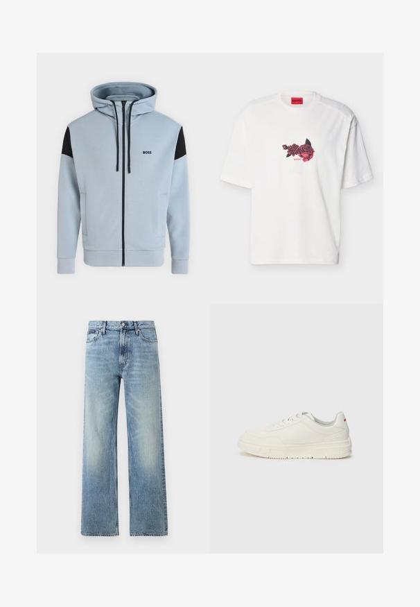 Sudadera con capucha de cremallera completa en azul claro, con parches negros en los hombros, cordones, bolsillos laterales y el logo "BOSS" en el pecho izquierdo.; Camiseta blanca de manga corta con un gráfico de rosa en rojo y negro, y texto rojo "HUGO" en el pecho, debajo de una etiqueta de marca roja dentro del cuello.; Vaqueros de mezclilla azul claro de corte recto con cintura alta, cinco bolsillos, cierre de botón y sutil desgaste en los muslos y las rodillas.; Zapatillas blancas con un upper de cuero liso, puntera redonda, cordones planos y una suela de goma texturizada. Un detalle rojo se encuentra en el talón.