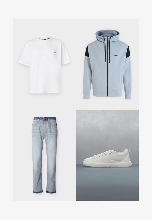 Lichtblauwe hoodie met volledige rits, zwarte schouderstukken, koordjes, zijzakken en het "BOSS"-logo op de linkerborst.; Witte katoenen T-shirt met korte mouwen, ronde halslijn, met een klein zwart logo op de linkerborst en een oranje accent aan de binnenkant van de kraag.; Lichtblauwe spijkerbroek met een donkerblauwe tailleband, rechte pijp, vijf zakken en zichtbare stiksel details.; Witte sneaker met een gladde leren afwerking, ronde neus, vier veterogen, subtiele perforaties en een rood logo detail aan de zijkant.