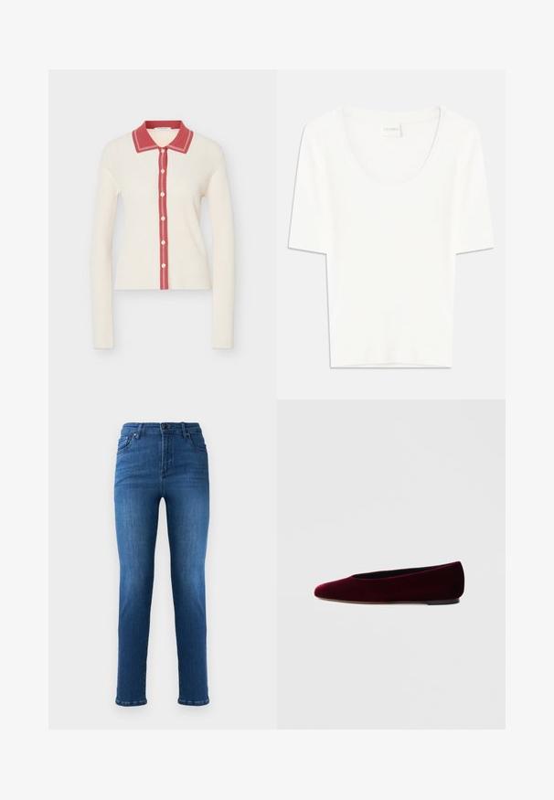 Cardigan de punto crema con mangas largas, cuello en contraste rosa y tapeta de botones con seis botones blancos.; Camiseta blanca de manga corta con cuello redondo. Confeccionada en suave tejido de algodón, presenta un corte relajado y un diseño minimalista.; Vaqueros de mezclilla azul con corte recto, que cuentan con una bragueta de botón y cremallera, bolsillos delanteros y un ligero desgaste en los muslos.; Bailarinas de terciopelo burdeos con punta redondeada y tacón bajo, de textura suave y diseño elegante.