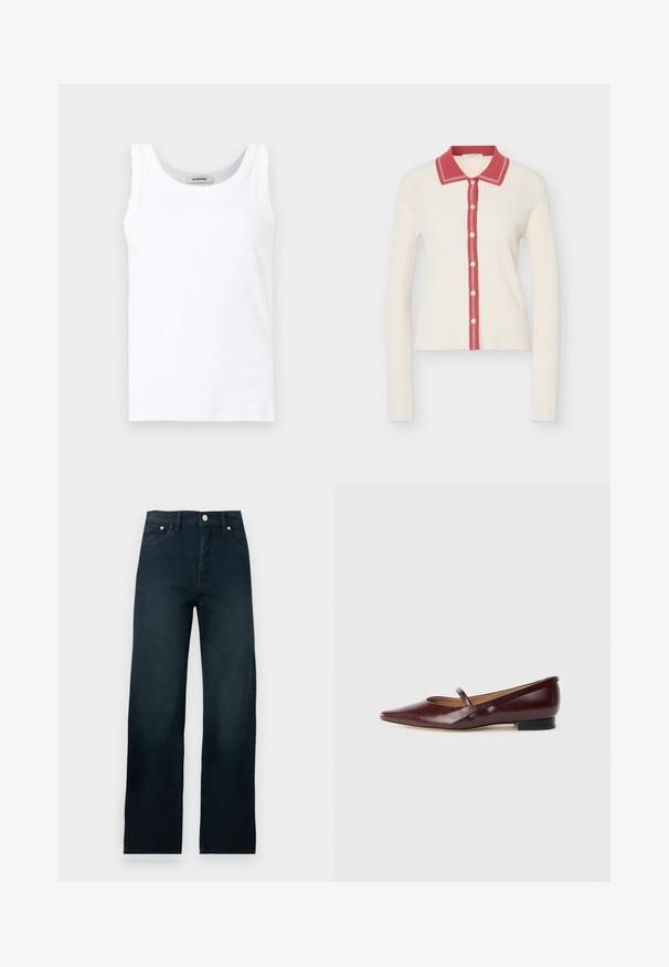 Cardigan en maille crème à manches longues avec col contrastant rose et patte de boutonnage avec six boutons blancs.; Débardeur blanc sans manches en maille côtelée avec encolure ronde et bordure délicate en dentelle le long des bords, présenté sur un fond uni.; Jean denim bleu foncé taille haute, jambe droite, avec bouton devant et poches, présenté sur fond blanc uni.; Chaussure plate en cuir verni bordeaux avec un bout pointu et une sangle décorative sur le cou-de-pied. Présente un petit talon noir.