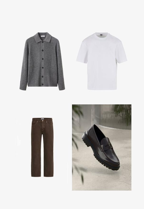Cardigan gris avec une texture côtelée, col et fermeture à boutons sur le devant. Comprend six boutons noirs et des manches longues.; T-shirt blanc à manches courtes en coton. Il présente un col rond et une coupe décontractée. Texture lisse, design minimaliste, sans motifs ni accents.; Jeans en denim marron avec une coupe droite, design à cinq poches et quincaillerie en métal. Dispose d'une fermeture à bouton et d'une étiquette de taille de marque.; Mocassins en cuir marron avec une semelle en caoutchouc texturée et striée. Présente un design épuré et une sangle décorative sur le cou-de-pied.