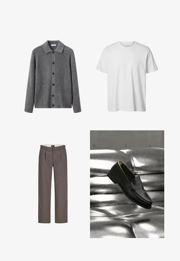 Cardigan gris avec une texture côtelée, col et fermeture à boutons sur le devant. Comprend six boutons noirs et des manches longues.; T-shirt blanc uni à manches courtes, col rond, coupe décontractée, sans logos ni motifs visibles à l'avant.; Pantalons gris avec un design à jambes droites, dotés de plis, d'une fermeture éclair et d'une texture lisse. La doublure interne est de couleur crème.; Mocassin en cuir noir flottant au-dessus d'un canapé en cuir argenté brillant matelassé à boutons dans un décor minimaliste.